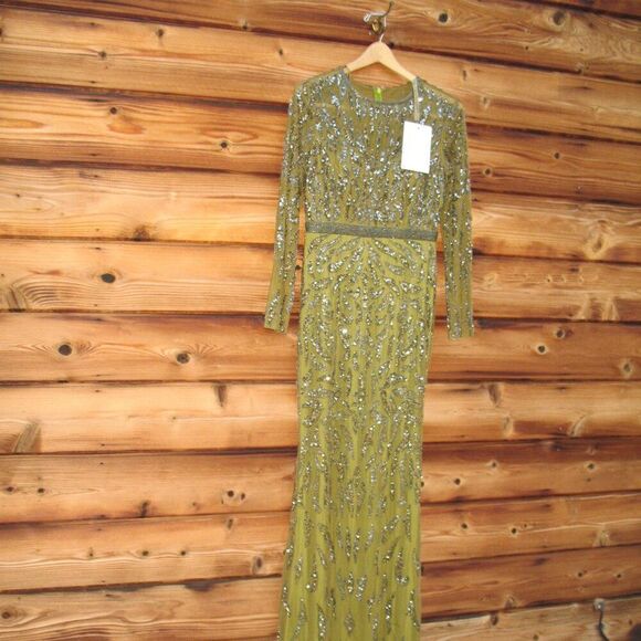 MAC DUGGAL 5124 Green Beaded Long Sleeve Evening Gown Size 6 - Picture 6 of 15
